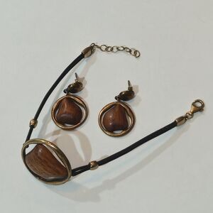Vintage Tropical Wood Gold Bracelet Earrings Set Brown Black Bohemian Retro 70s